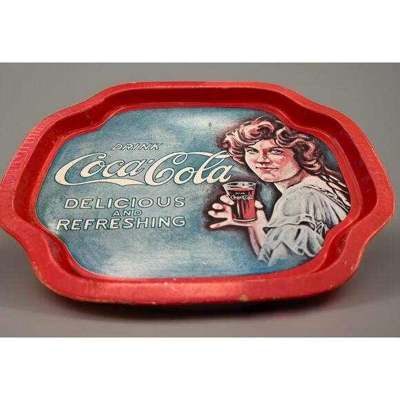 VTG Coca Cola Delicious Refreshing Serving Tray Young Girl Tin Red Metal Coke - Picture 2 of 3